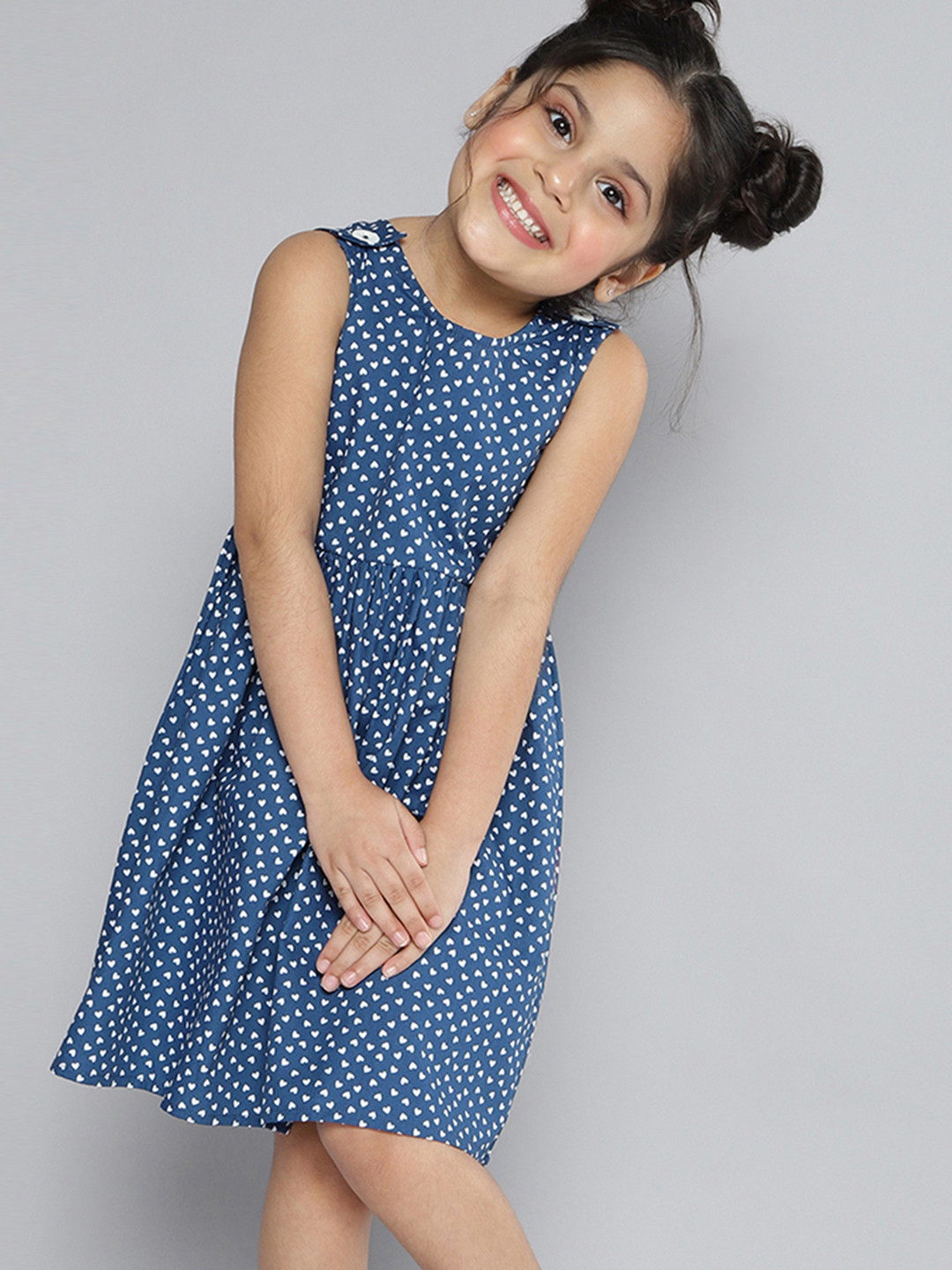 YK Girls Navy Blue & White Pure Cotton Heart Printed Fit & Flare Dress