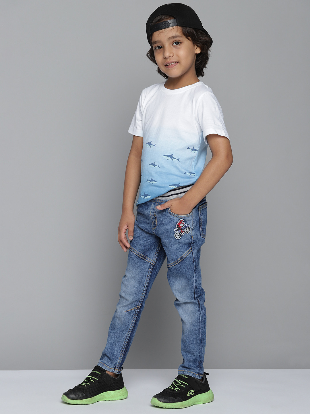 YK Boys Blue Light Fade Applique Stretchable Jeans