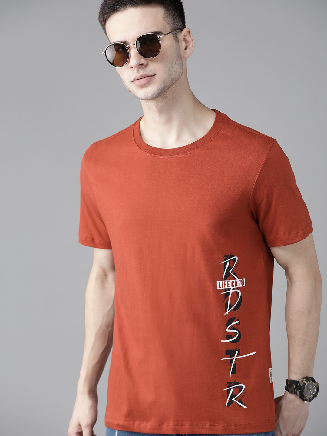Roadster Men Rust Red & White Brand Logo Print Cotton T-shirt