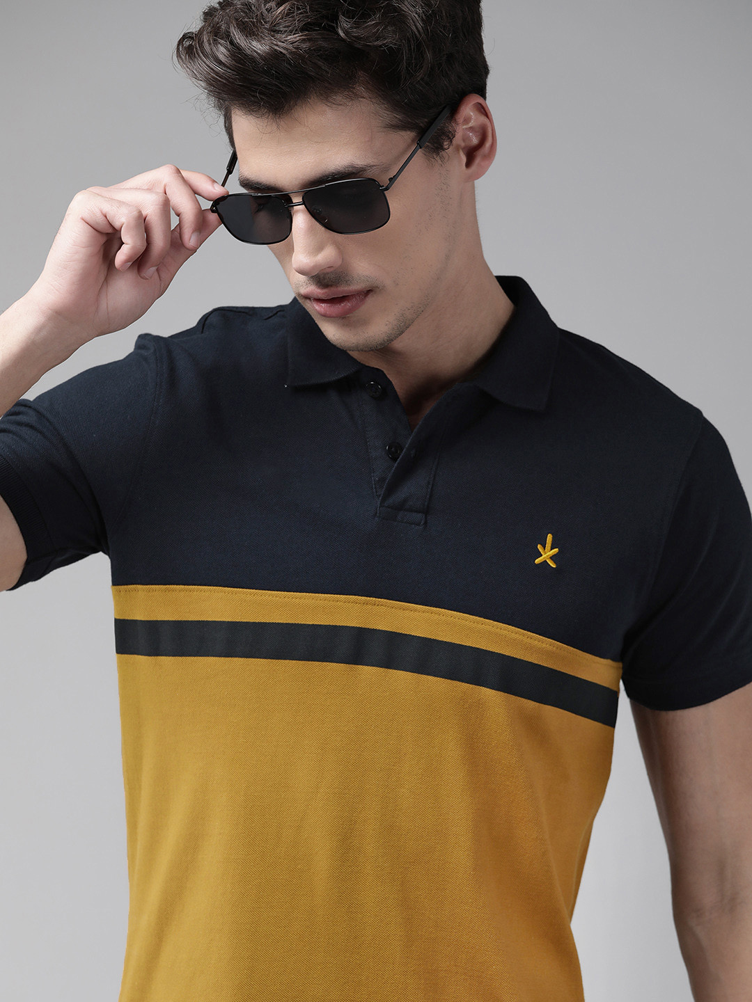 Roadster Men Navy Blue & Mustard Yellow Pure Cotton Colourblocked Polo Collar T-shirt