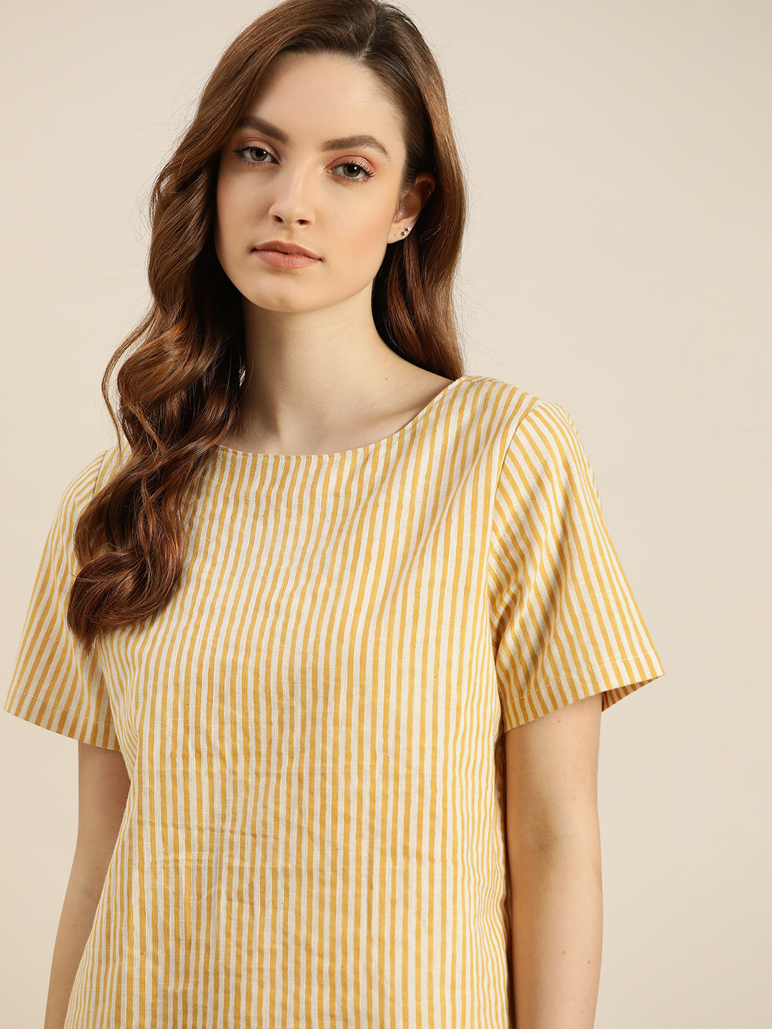 ether Kora Collection Yellow & Off White Pure Cotton Handblock Printed Top