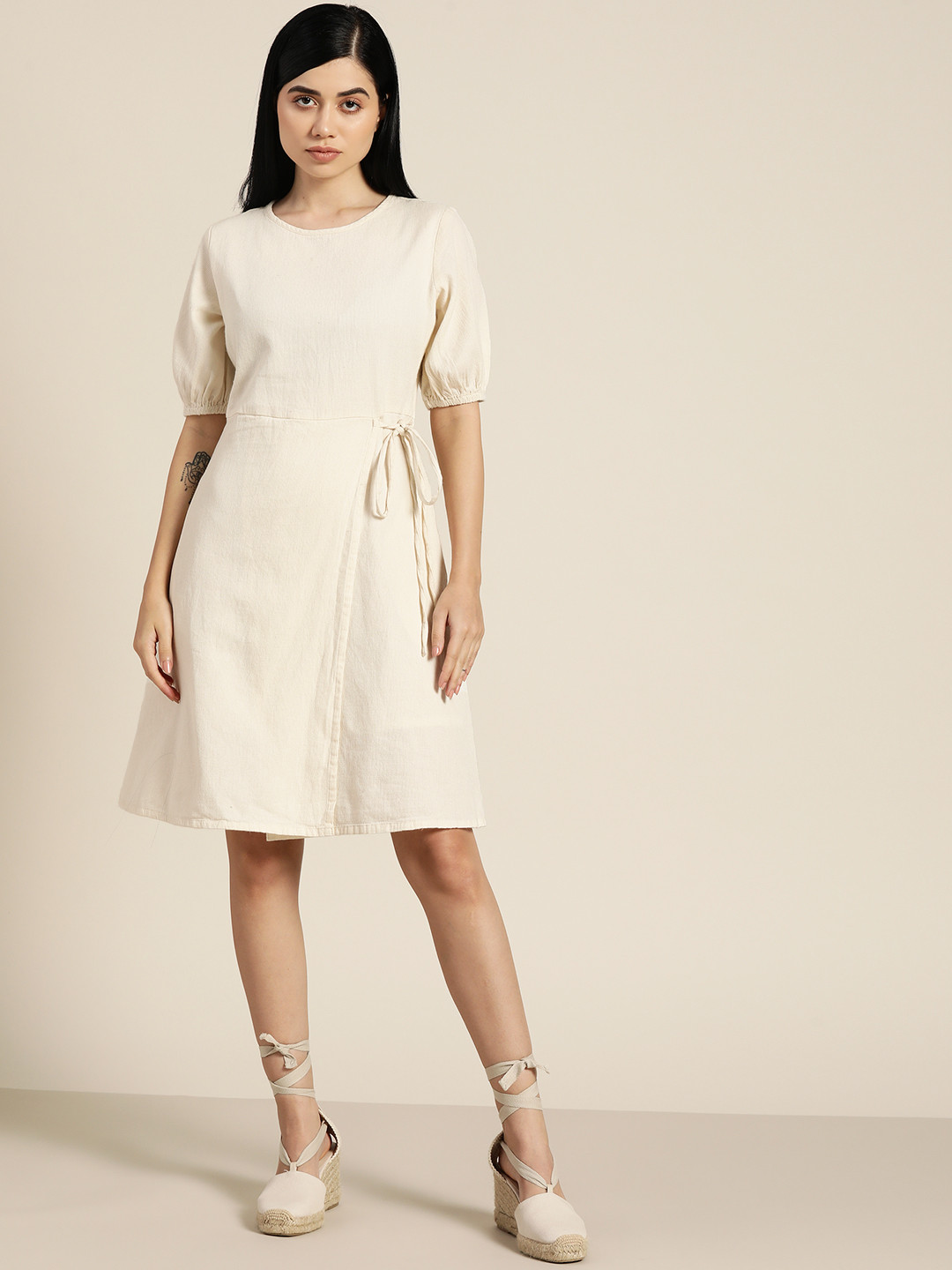 Kora Collection by ether Off White Cotton Unbleached Fabric Wrap Dress