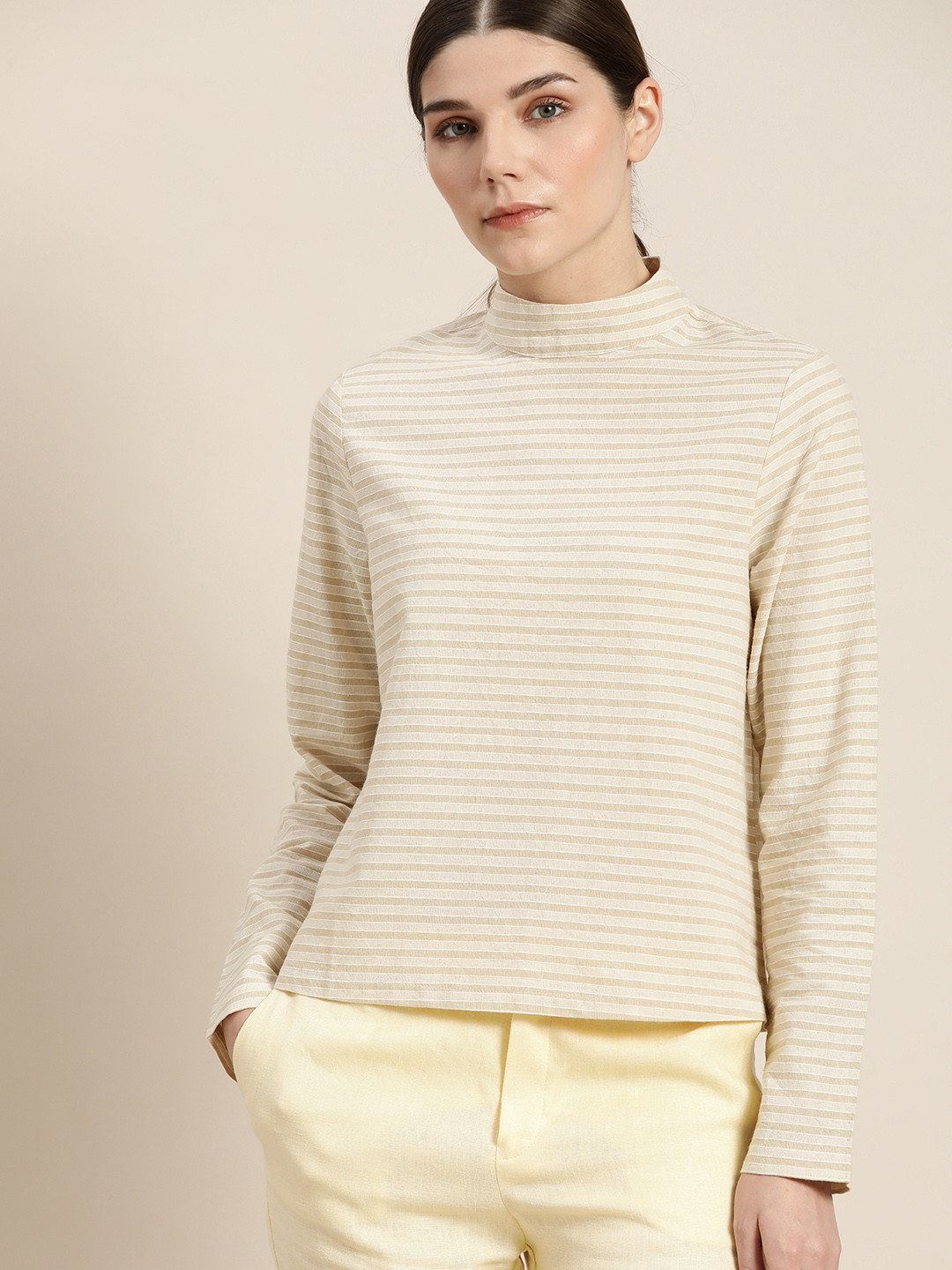 ether Kora Collection Off White & Beige Striped Unbleached Fabric Top
