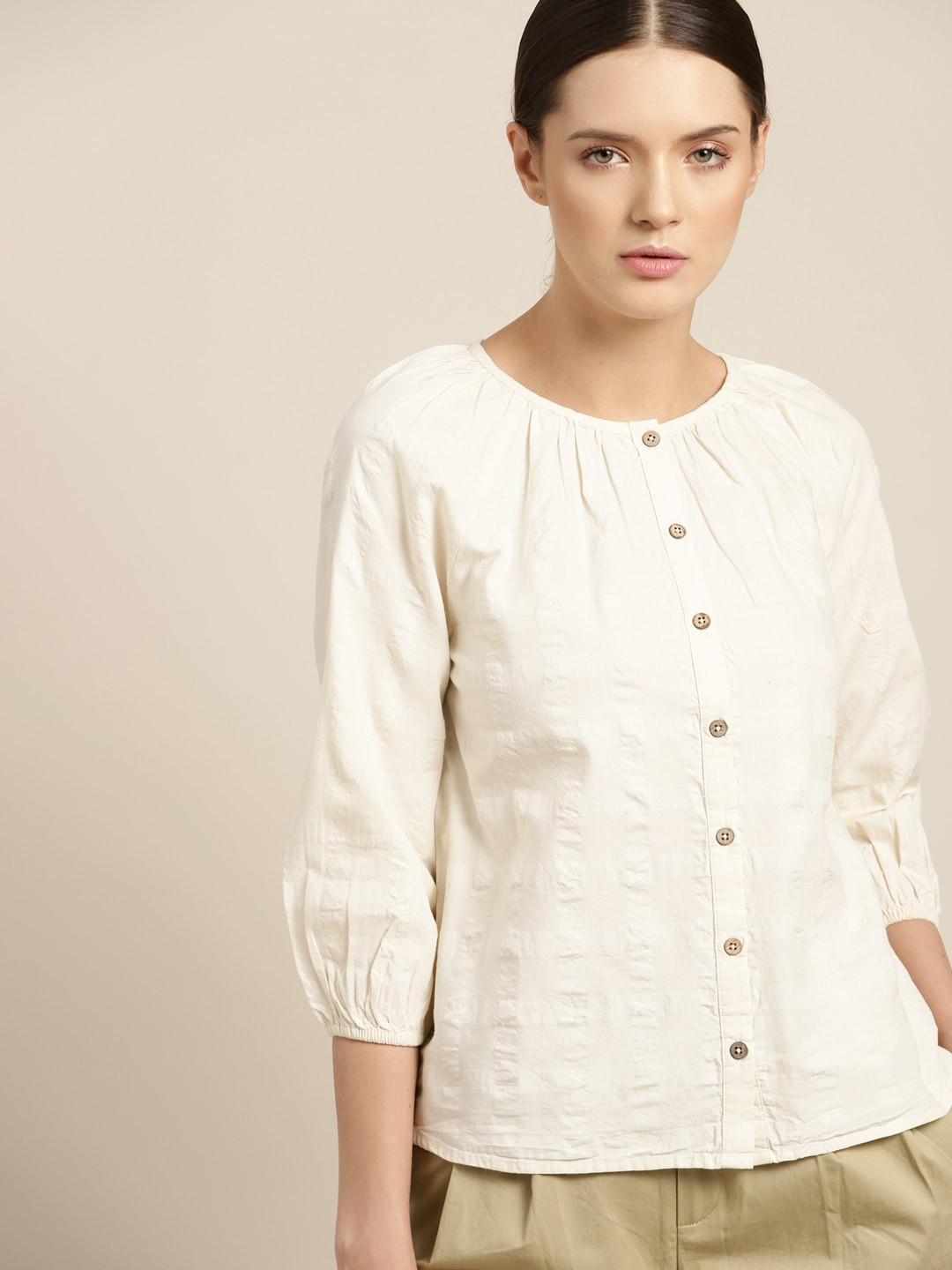 ether Kora Collection Off White Solid Seersucker Pure Cotton Top