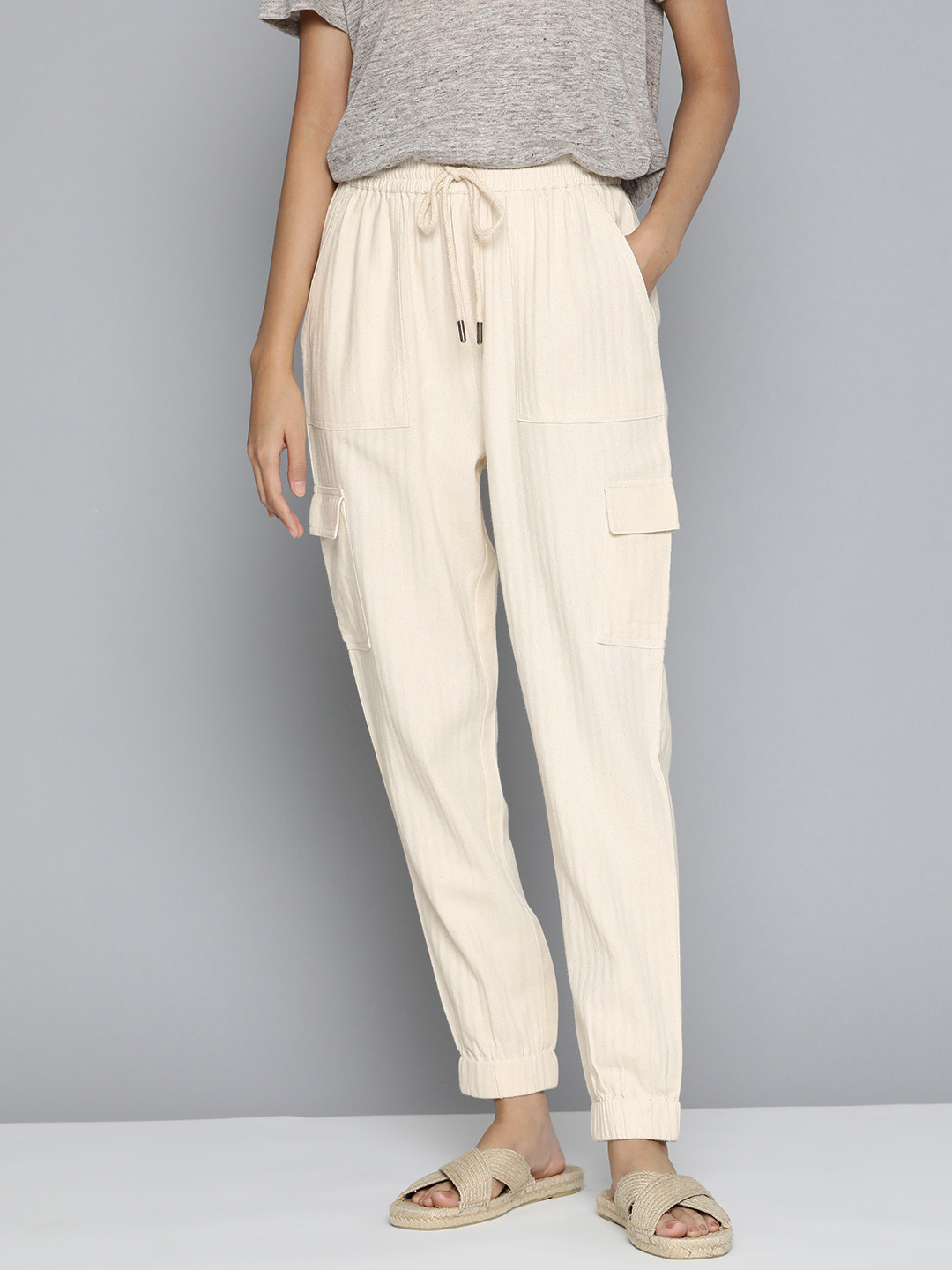 ether Kora Collection Women Off White Solid Pure Cotton Regular Cargo Trousers