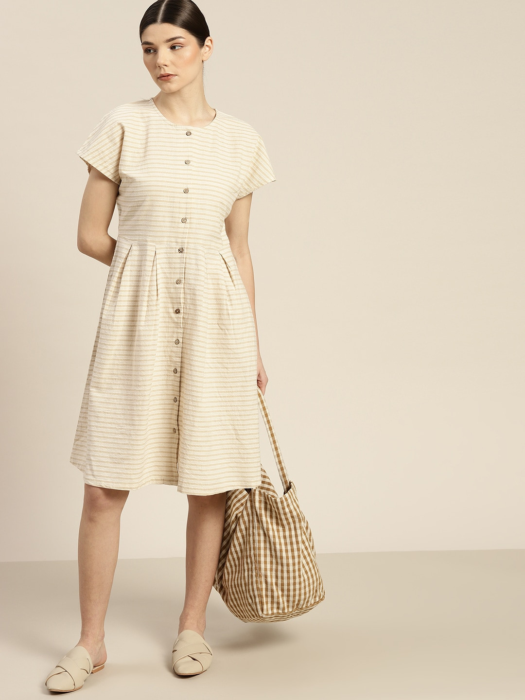 ether Kora Collection Women Beige Striped   Unbleached Fabric A-Line Dress