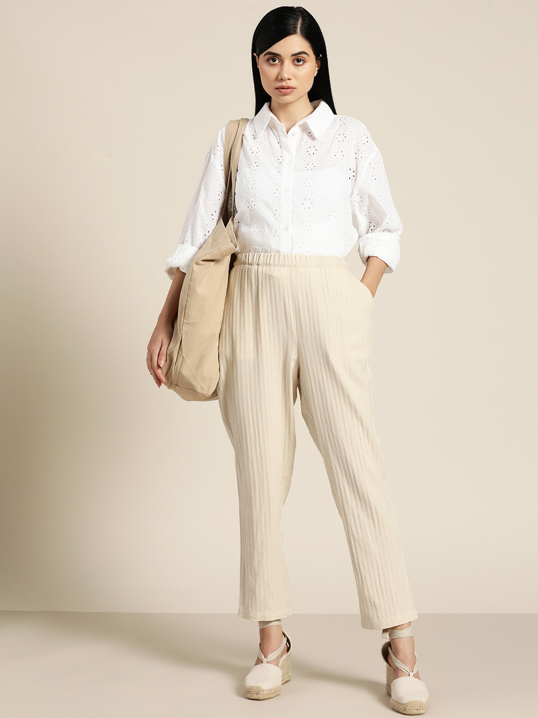 ether Kora Collection Women Off White Solid Pure Cotton Sustainable Trousers