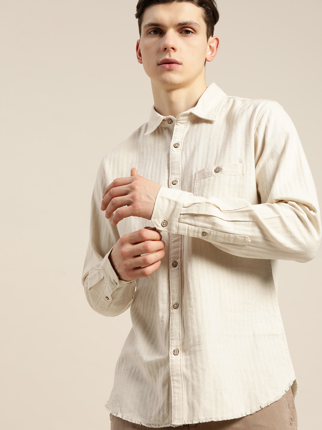 ether Kora Collection Men Cream-Coloured Sustainable Unbleached Fabric Pure Cotton Shirt