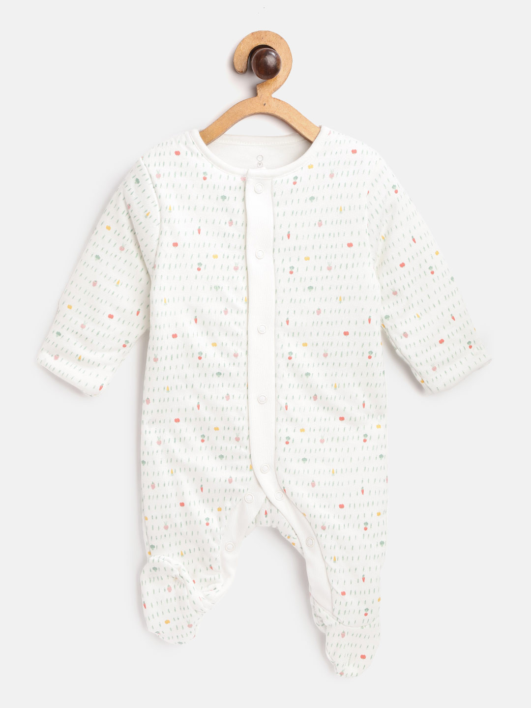 mothercare Infant Boys White & Green Micro Veggies Print Pure Cotton Wadded Sleepsuit