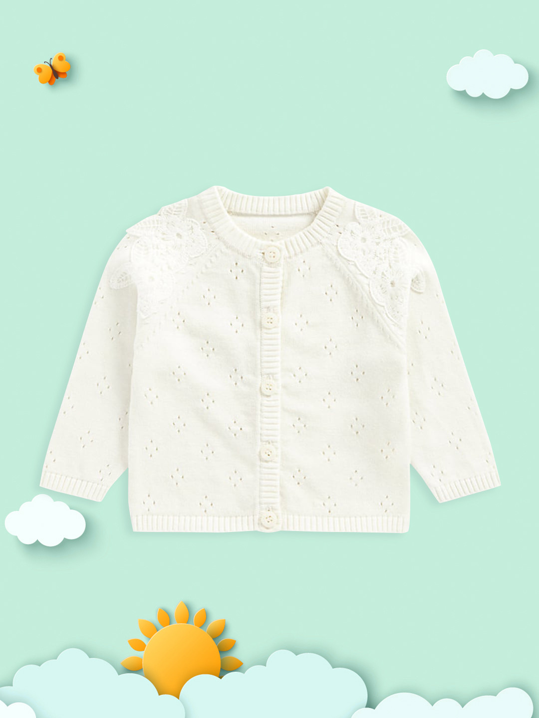 mothercare Girls Off-White Combed Pure Cotton Self Design Floral Cardigan