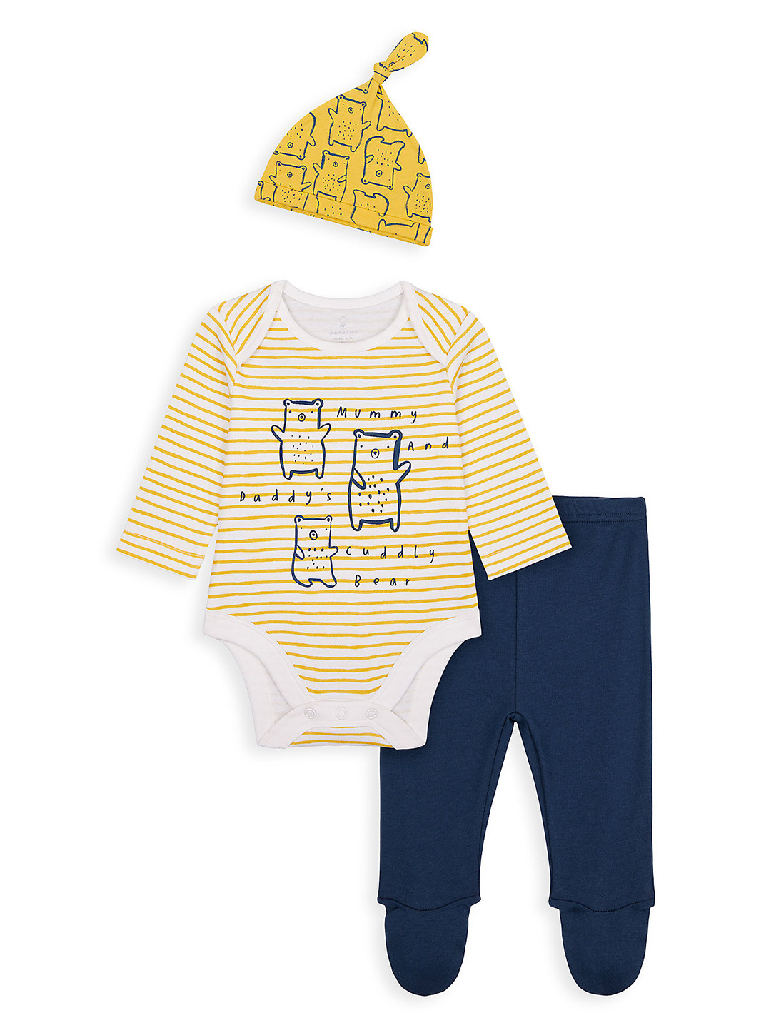 mothercare Infant Boys White & Navy Blue Striped Pure Cotton Bodysuit with Trousers
