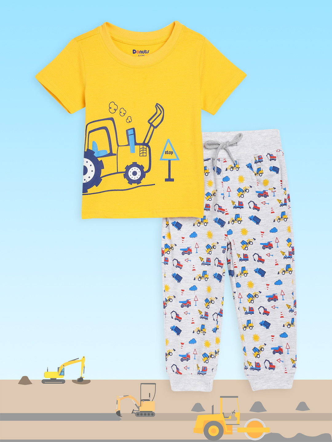 Donuts Boys Yellow & White Printed T-shirt with Trousers