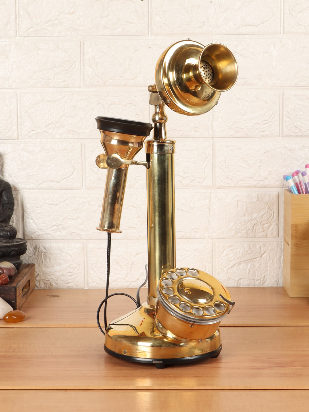 EXIM DECOR Candle Style Telephone Gold Brass Metallic Living Room Medium Showpiece - 13 Inches