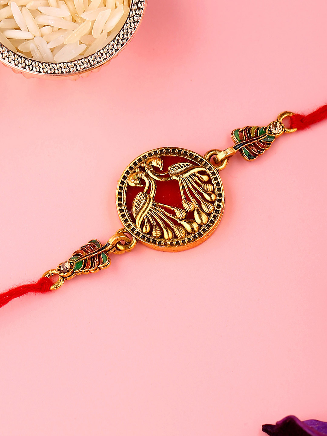 Voylla Designer Gold Toned Peacock Rakhi with Roli Chaawal Pack