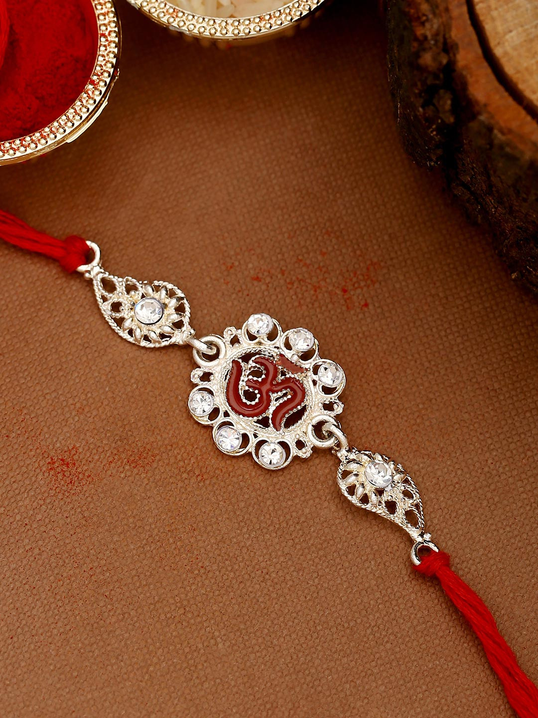Voylla Silver Polished OM Rakhi with Roli Chaawal Pack
