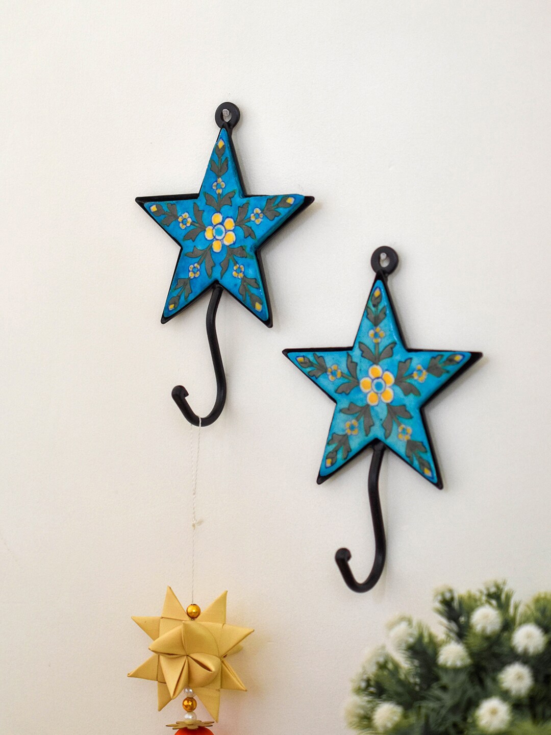 Neerja Set Of 2 Blue Green Handmade Pottery Single Hook Wall Hooks