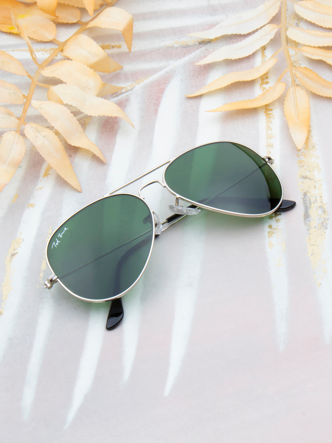 Ted Smith Unisex Green Lens & Silver-Toned Aviator Sunglass - AVIMAST_C23