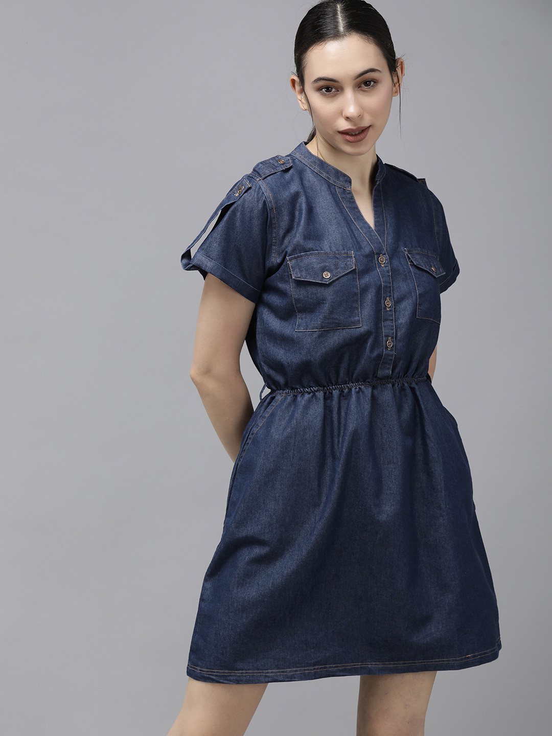 VOXATI Women Blue Solid Fit and Flared Denim Dress