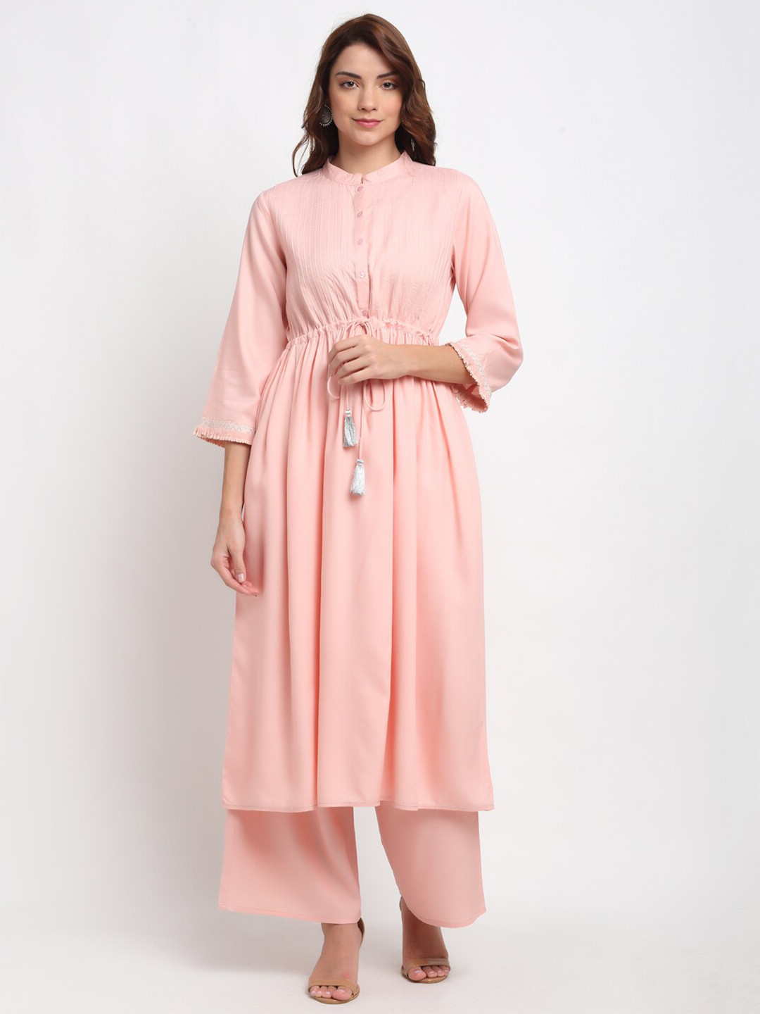BLANC9 Peach-Coloured Shirt Collar Empire Anarkali Kurti