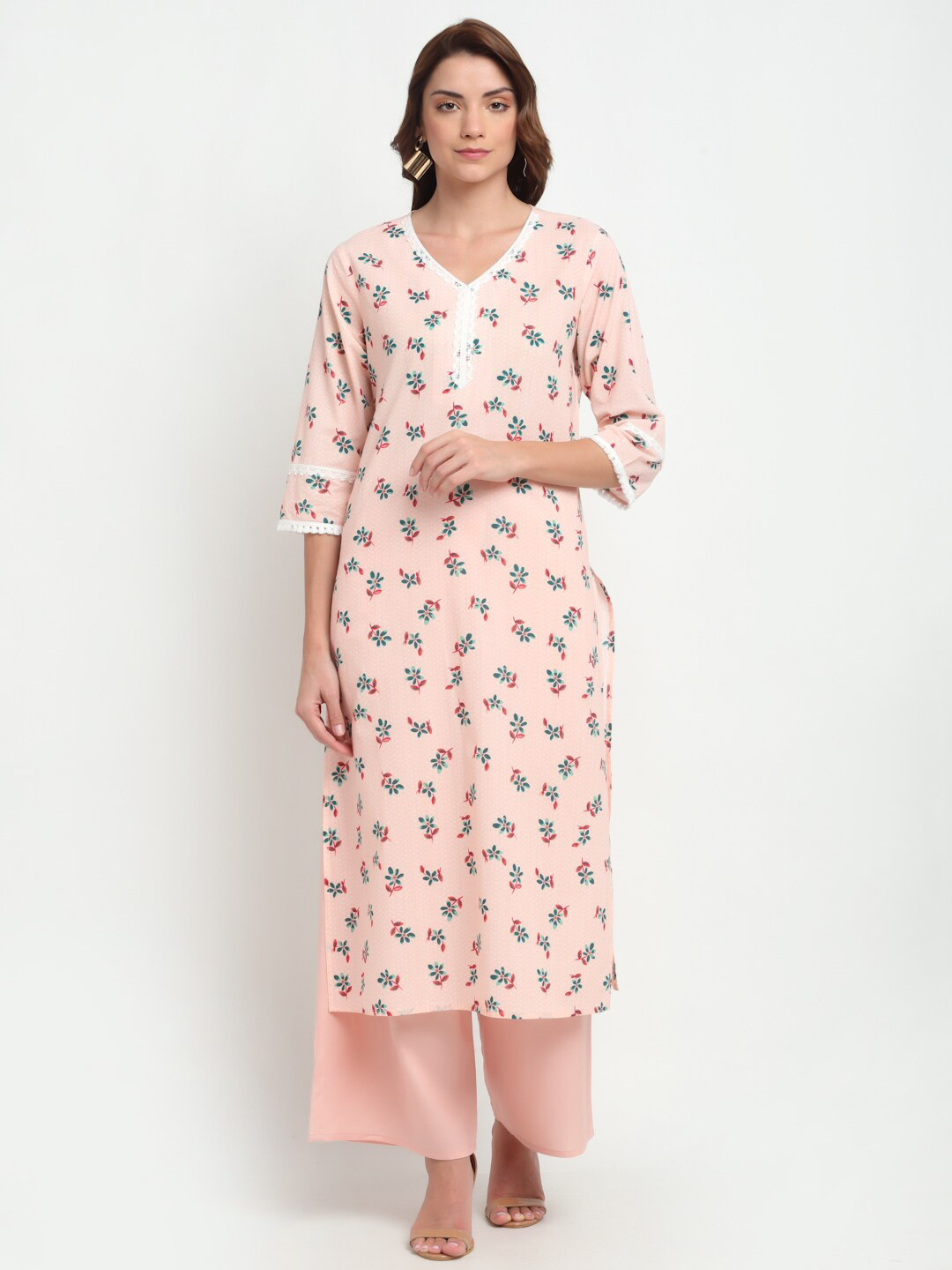 BLANC9 Peach-Coloured Floral Printed V-Neck Pure Cotton Kurta