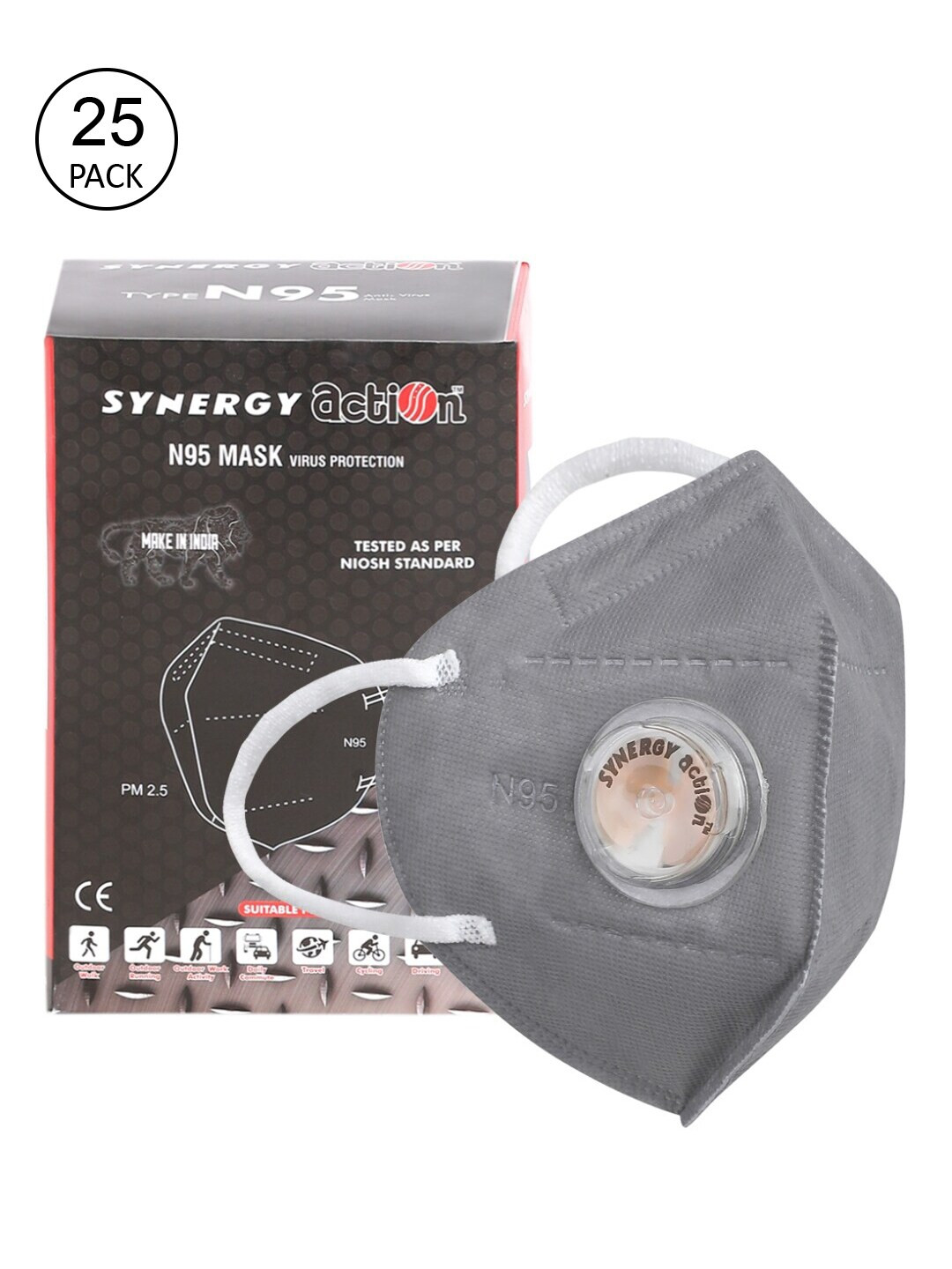 Action Unisex Pack Of 25 Grey Solid 5-Ply Outdoor Reusable Valved N95 Masks