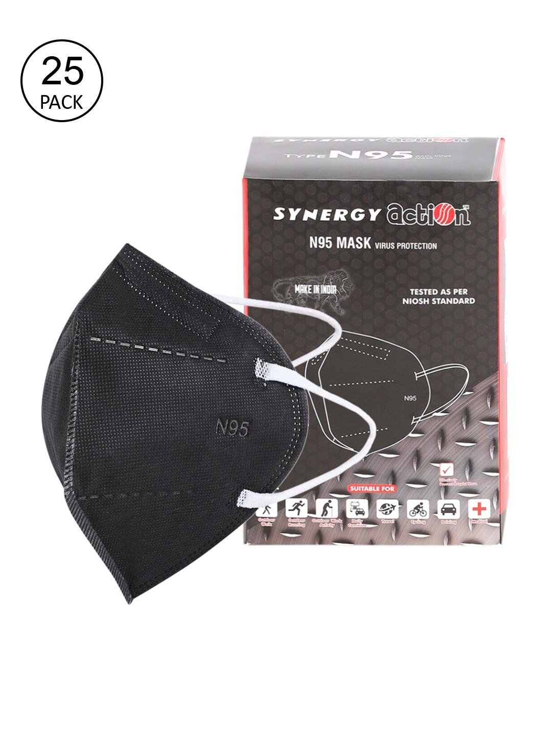 Action Unisex Pack Of 25 Black Solid 5-Ply Reusable N95 Masks