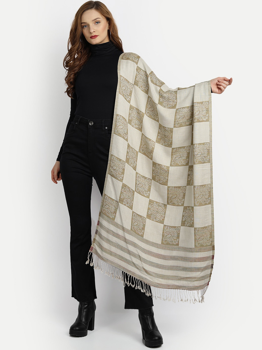 HK colours of fashion Women Beige & Off-White Woven-Design Reversible Shawl