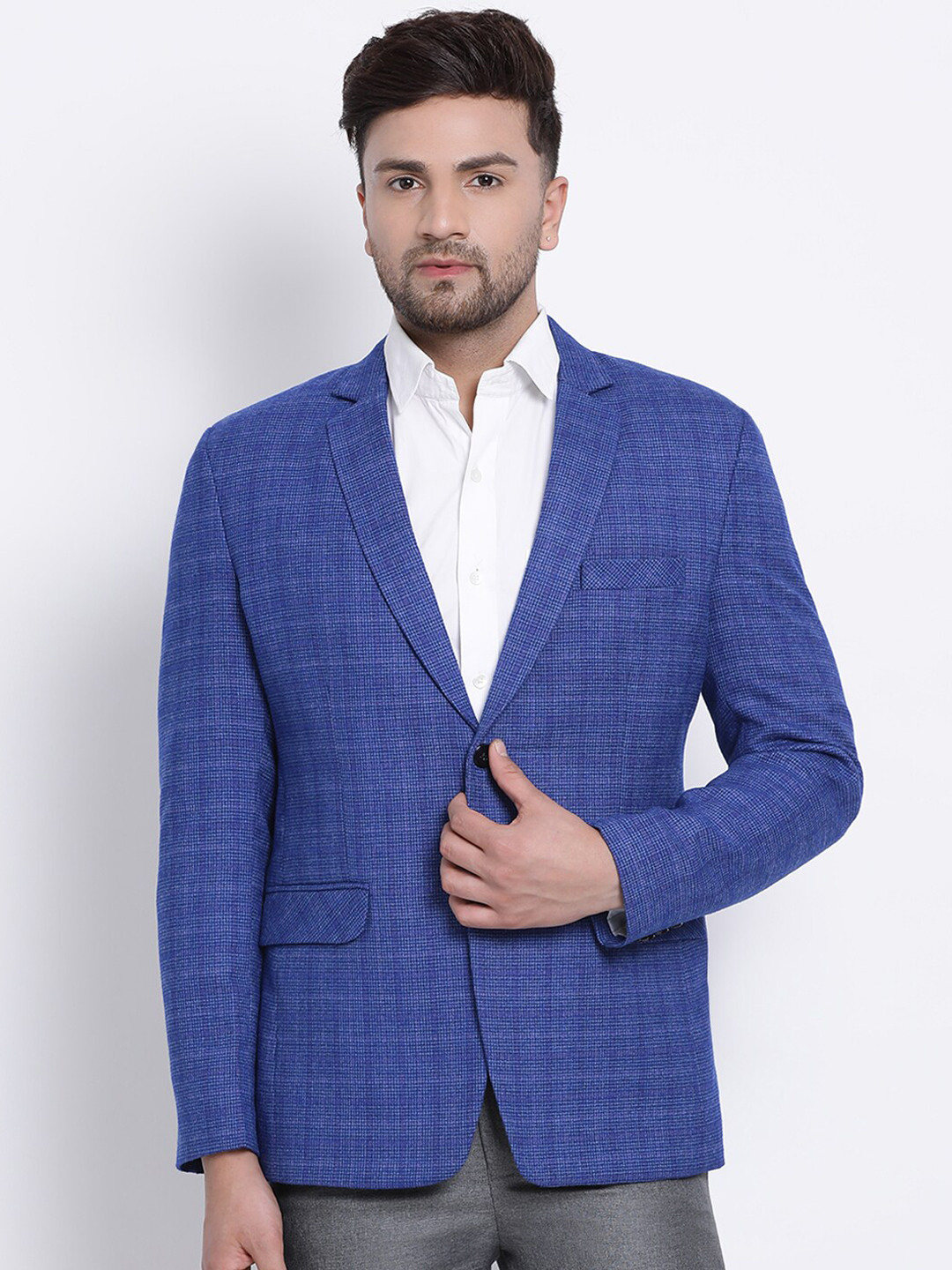 PLATINUM Studio Men Blue Checked Slim-Fit Single-Breasted Casual Blazer