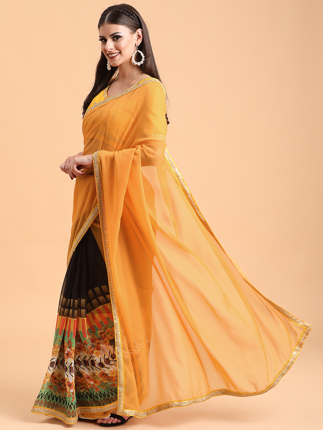 Sangria Women Orange & Multicolor Printed Half and Half Georgette Saree