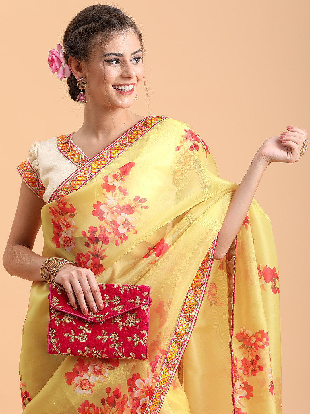 Sangria Yellow & Red Floral Sequinned Organza Saree