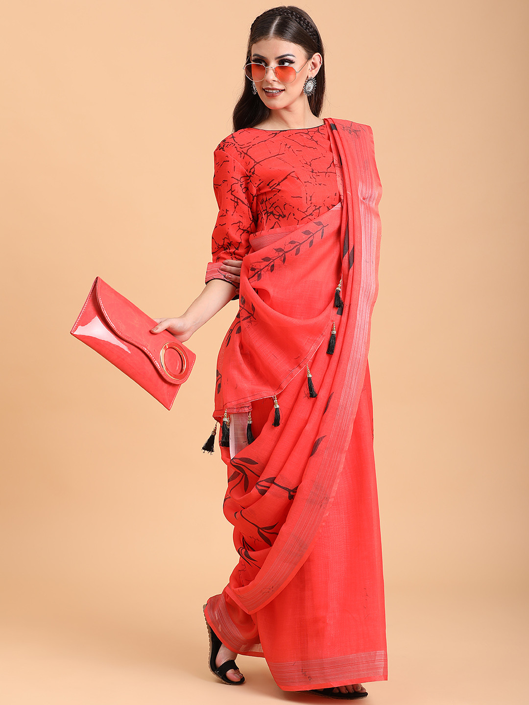 Sangria Red & Black Batik Zari Jhumka Pure Linen Saree