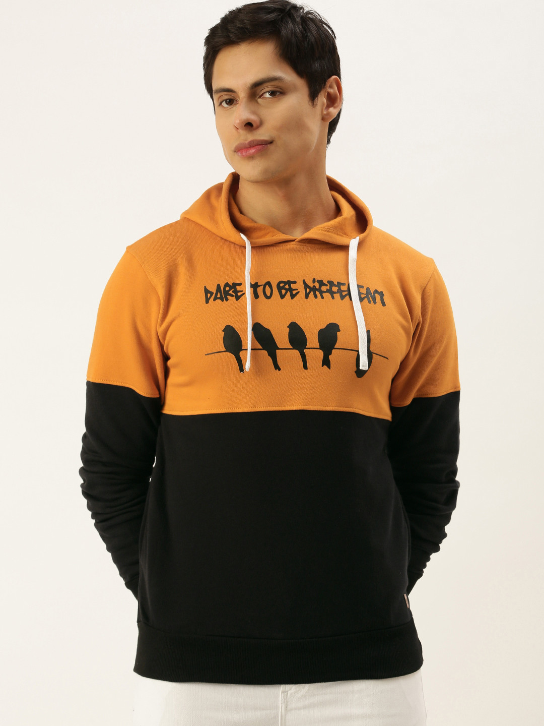 Campus Sutra Men Mustard Yellow & Black Colourblocked Hooded Sweatshirt with Print Detail