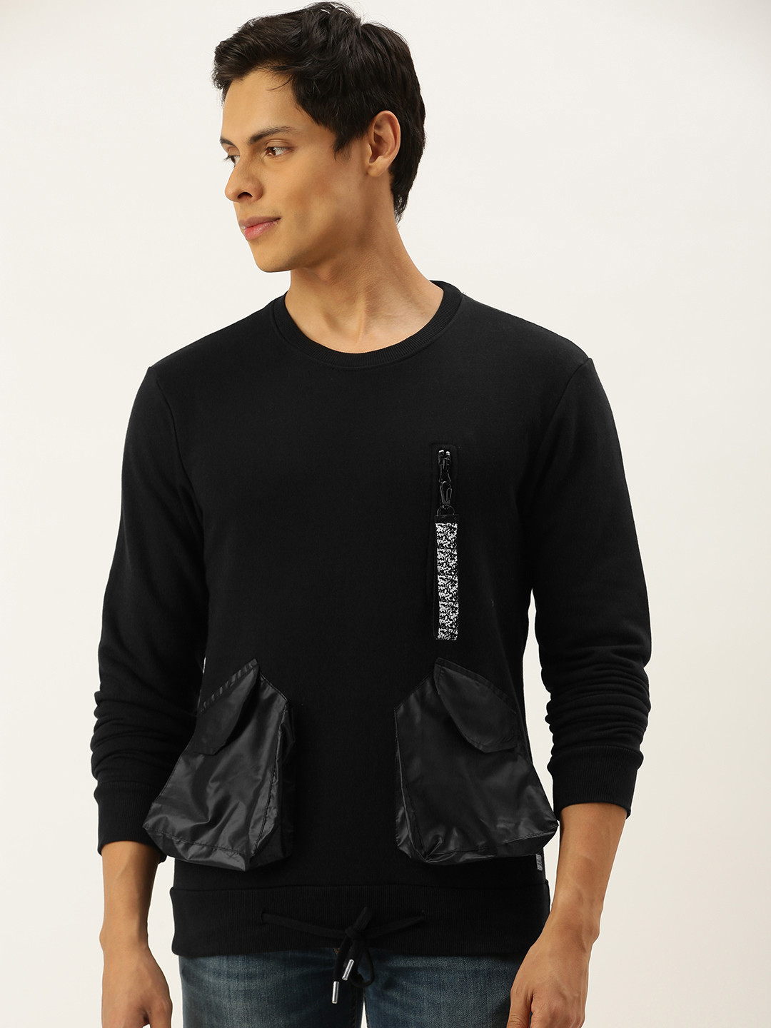 Campus Sutra Men Black Sweatshirt with Pocket Detailing