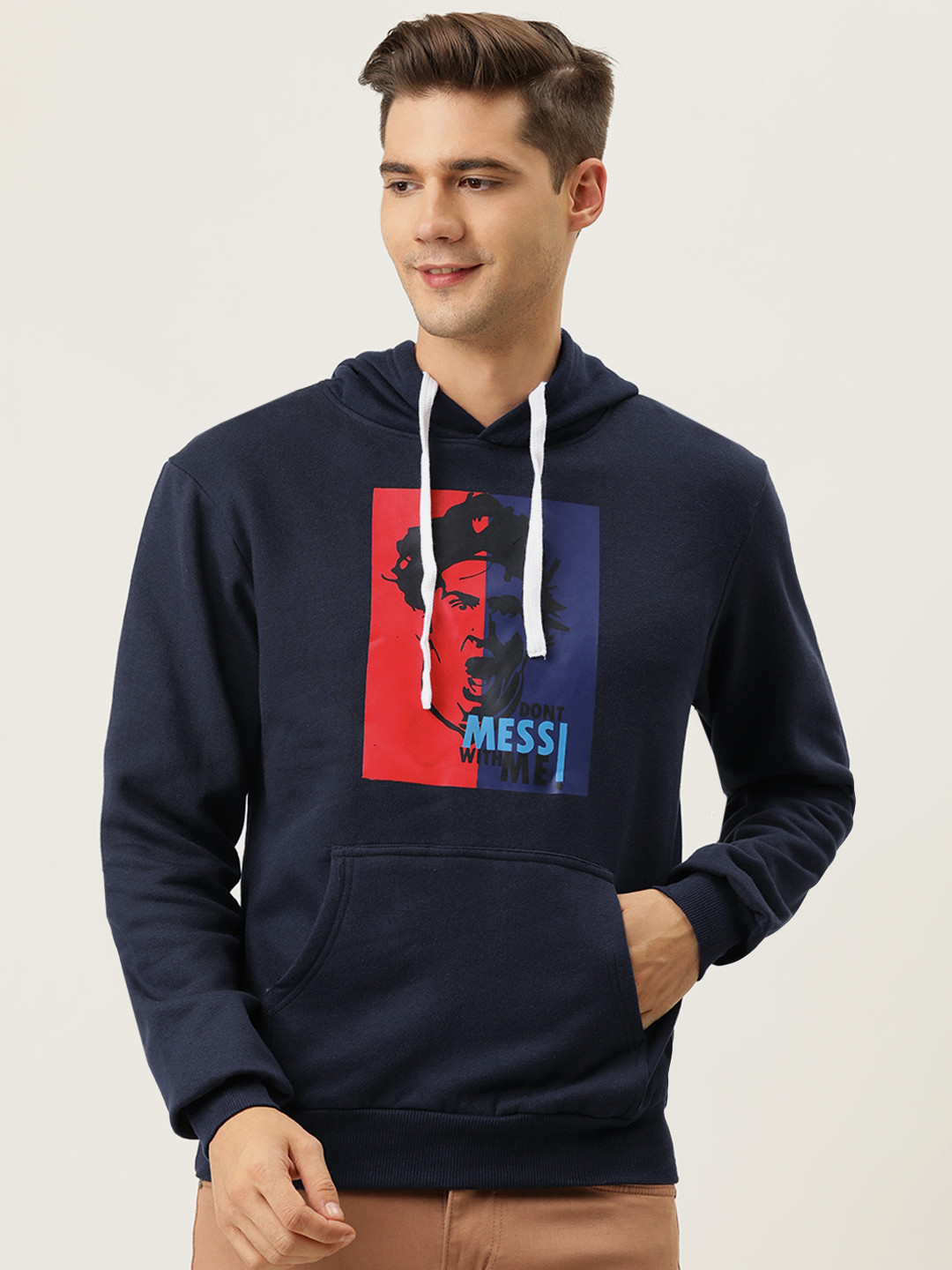 Campus Sutra Men Navy Blue Messi Printed Hooded Sweatshirt
