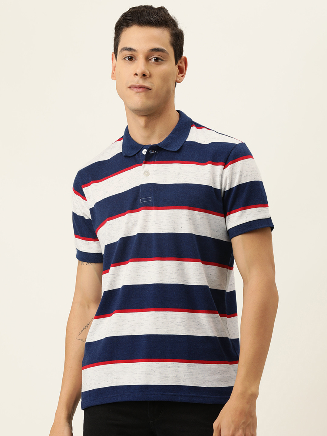 Campus Sutra Men White & Blue Striped Polo Collar T-shirt