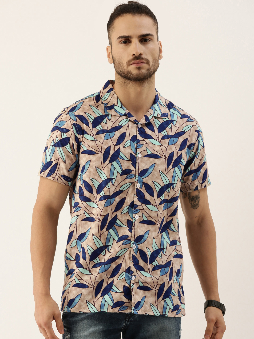 Campus Sutra Men Brown & Blue Floral Printed Casual Shirt