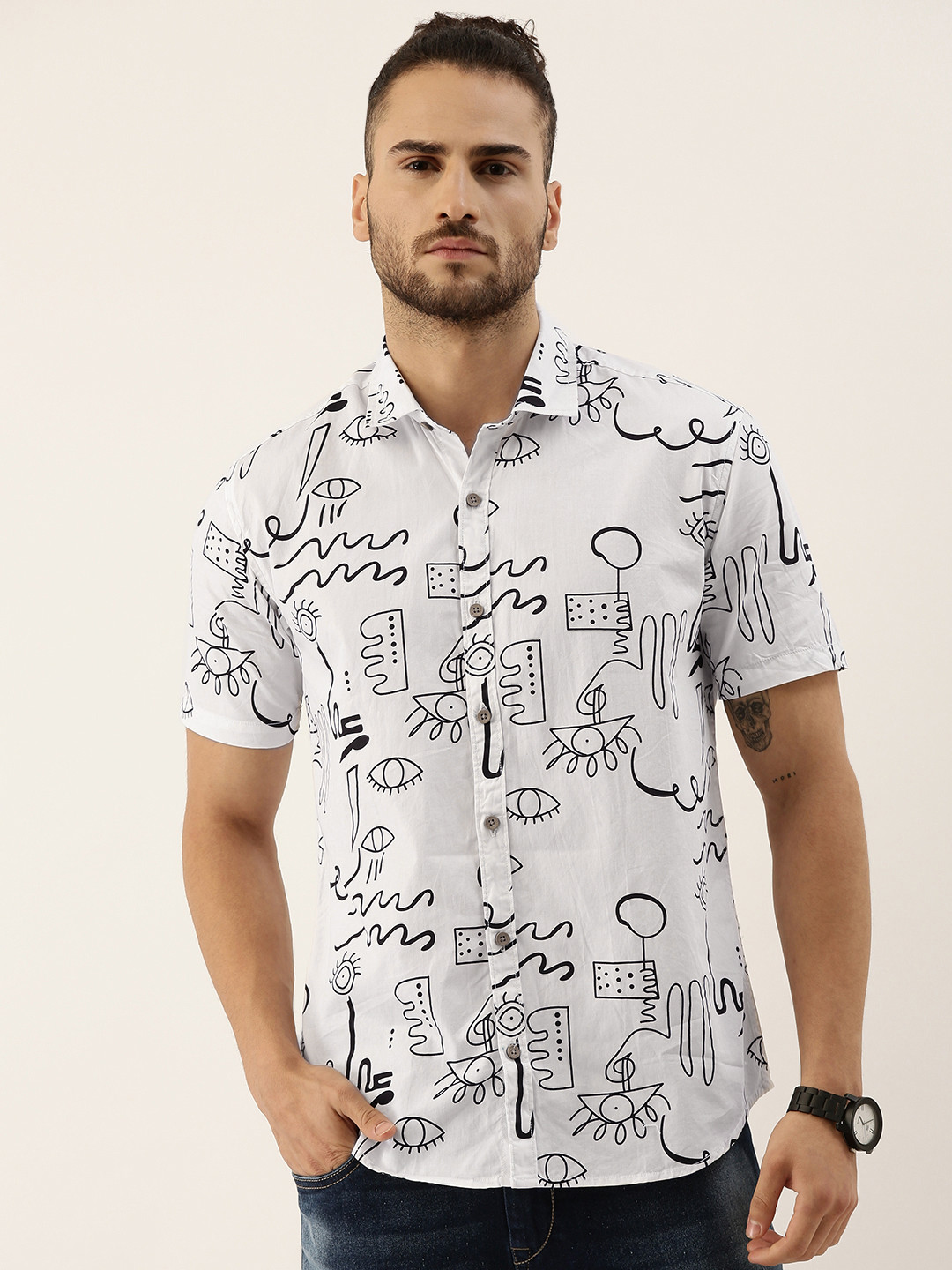Campus Sutra Men White & White Printed Casual Shirt