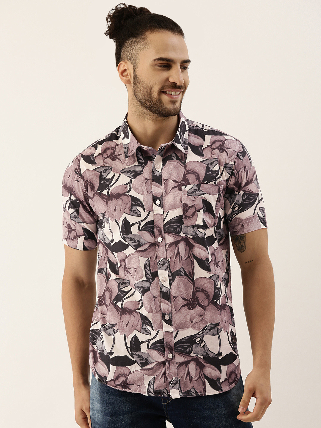 Campus Sutra Men Brown & Off-White Floral Print Cotton Casual Shirt