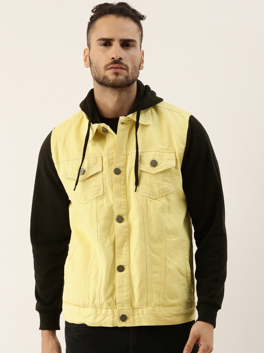 Campus Sutra Men Yellow & Black Windcheater Hooded Denim Jacket