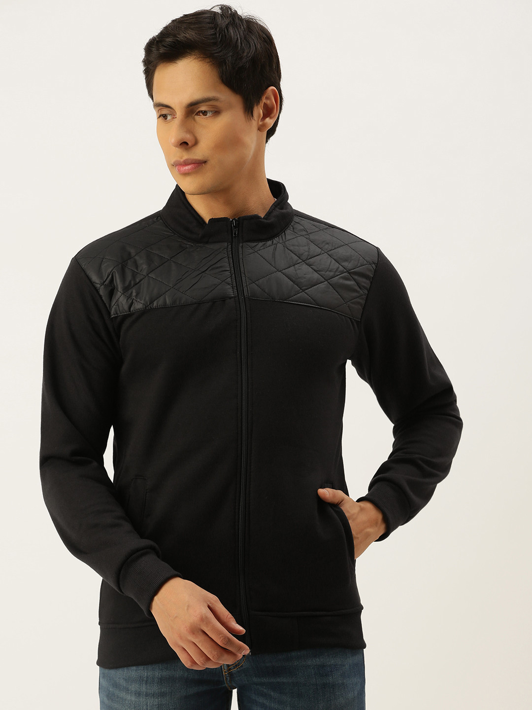 Campus Sutra Men Black Quilt Detailed Windcheater Bomber Jacket