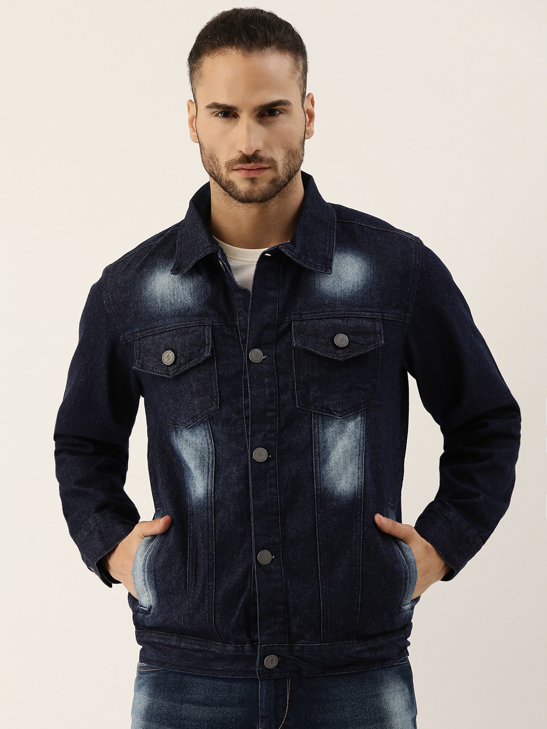 CAHOOT Men Navy Blue Washed Denim Jacket