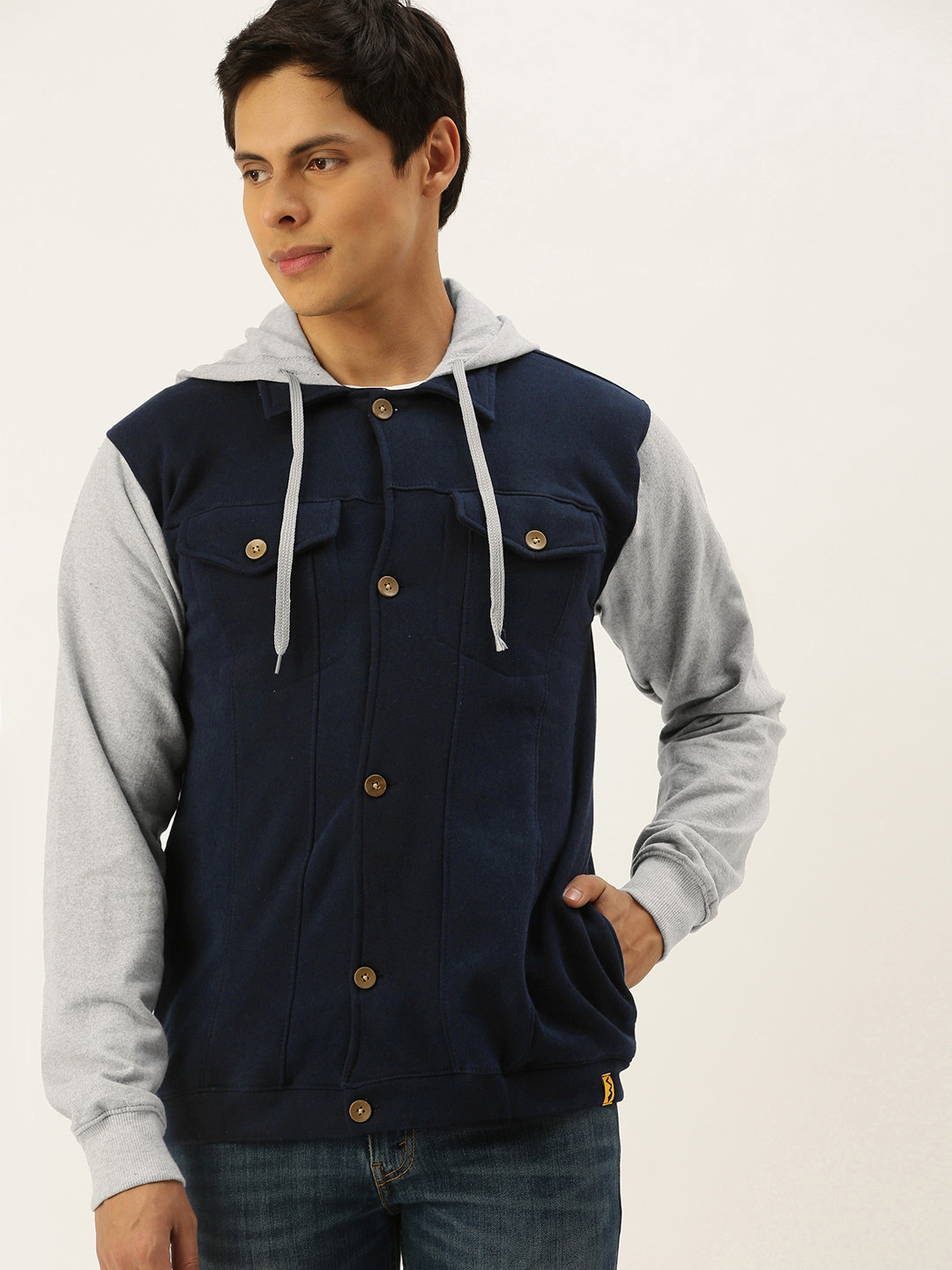 Campus Sutra Men Navy Blue & Grey Colourblocked Windcheater Biker Jacket