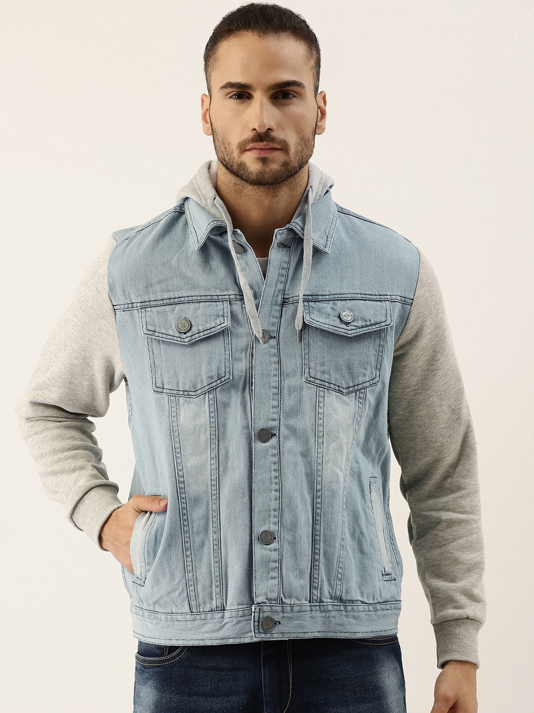 Campus Sutra Men Blue & Grey Melange Washed Hooded Denim Jacket