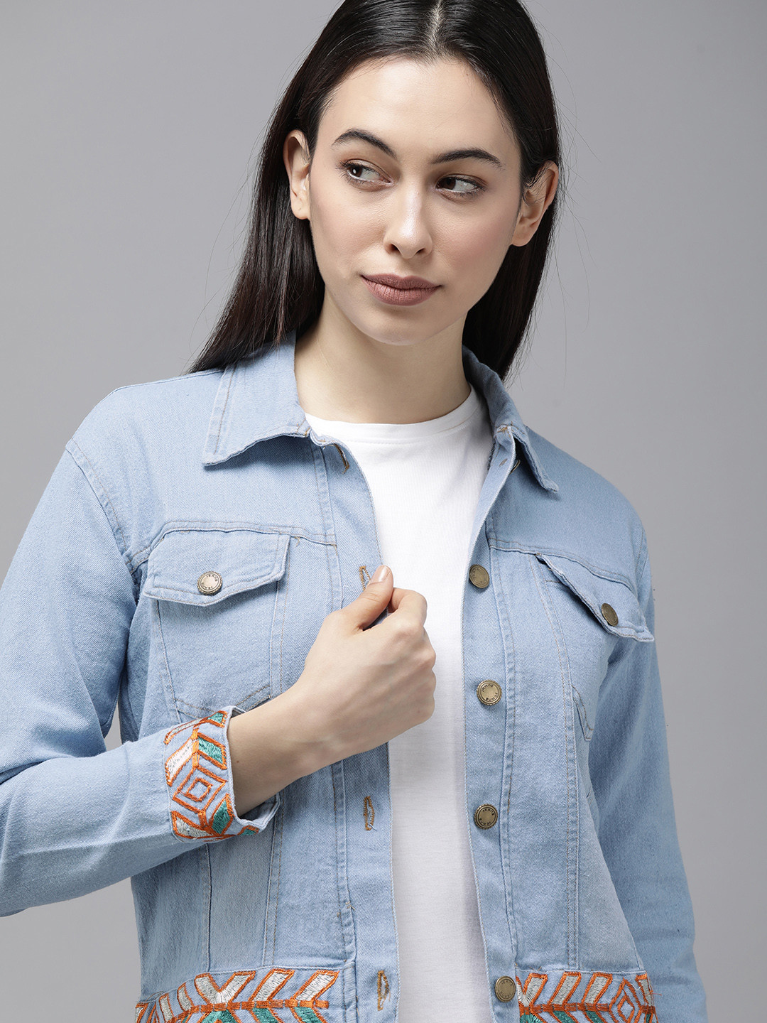 VOXATI Women Blue Denim Jacket with Embroidered