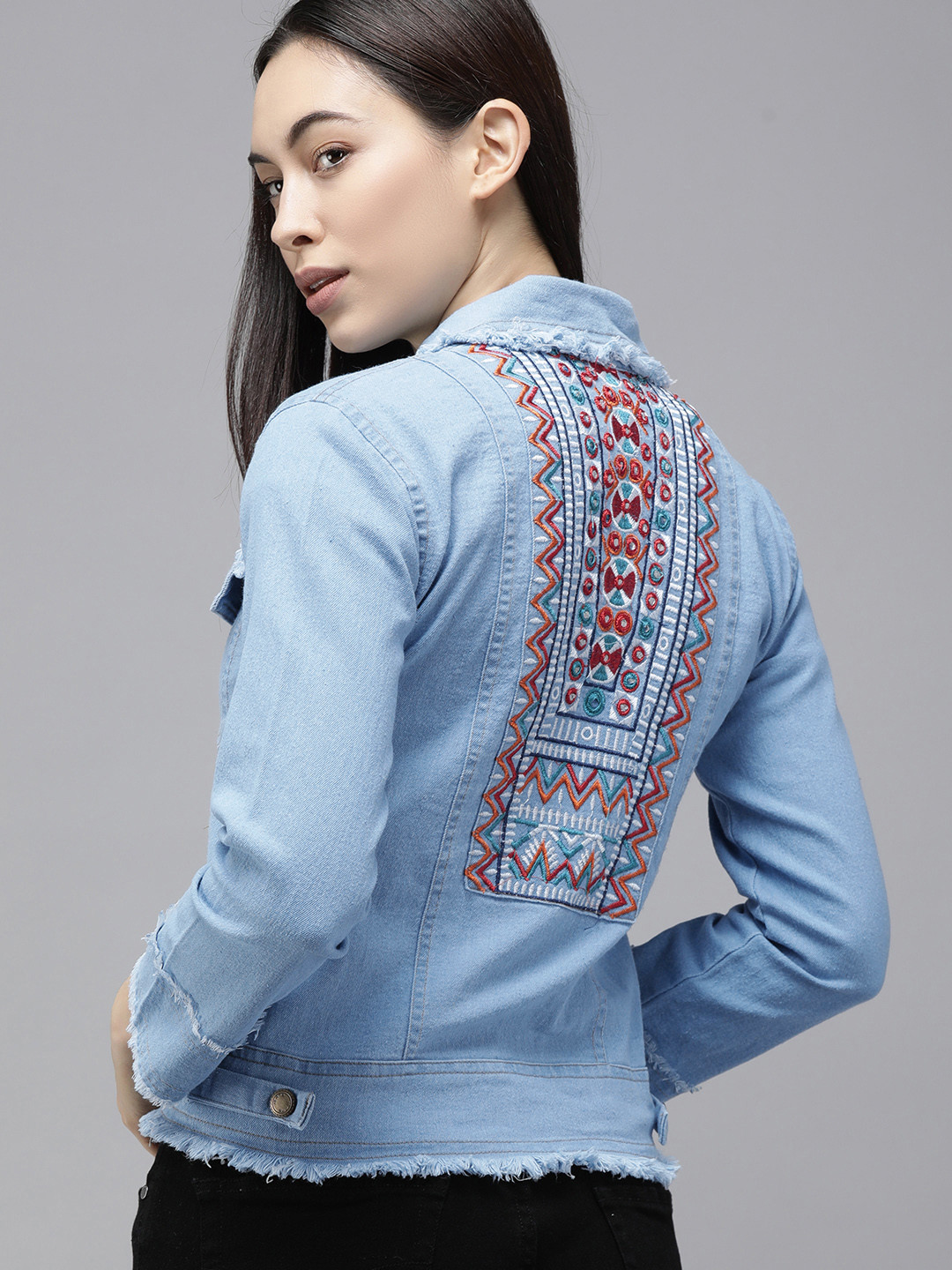VOXATI Women Blue Washed Crop Denim Jacket with Embroidered