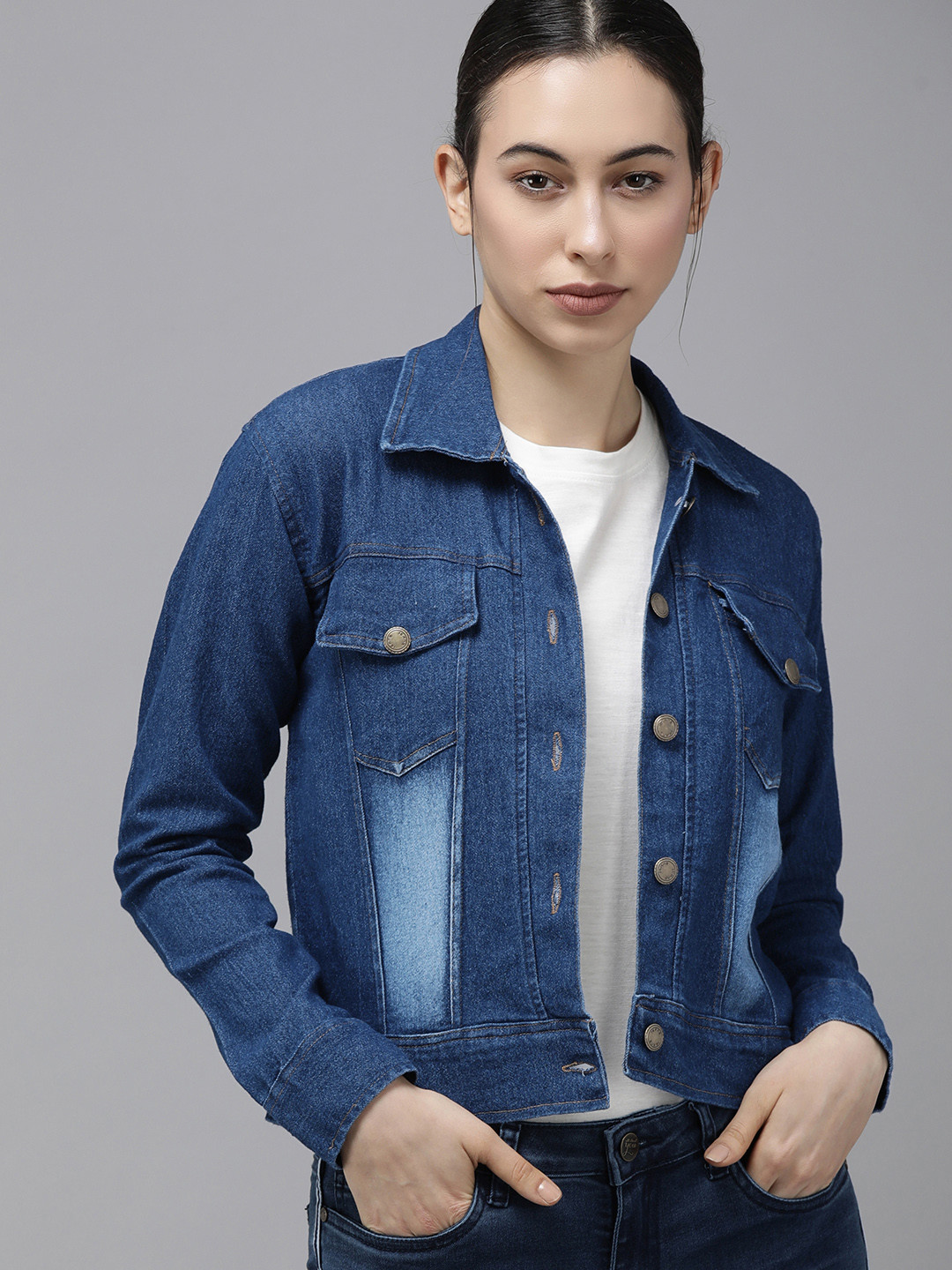 VOXATI Women Blue Washed Crop Denim Jacket with Taping Detail
