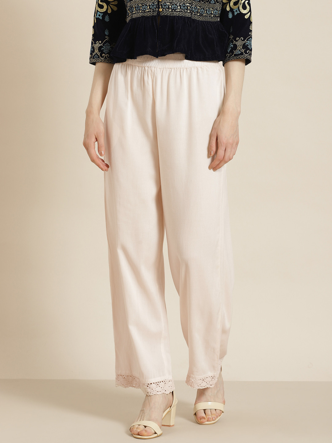 Juniper Women Cream-Coloured Solid Straight Palazzos