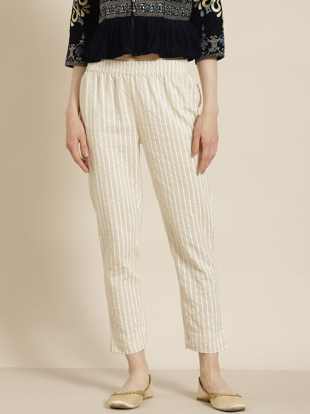 Juniper Women Off White Striped Smart Slim Fit Cropped Cigerette Trousers