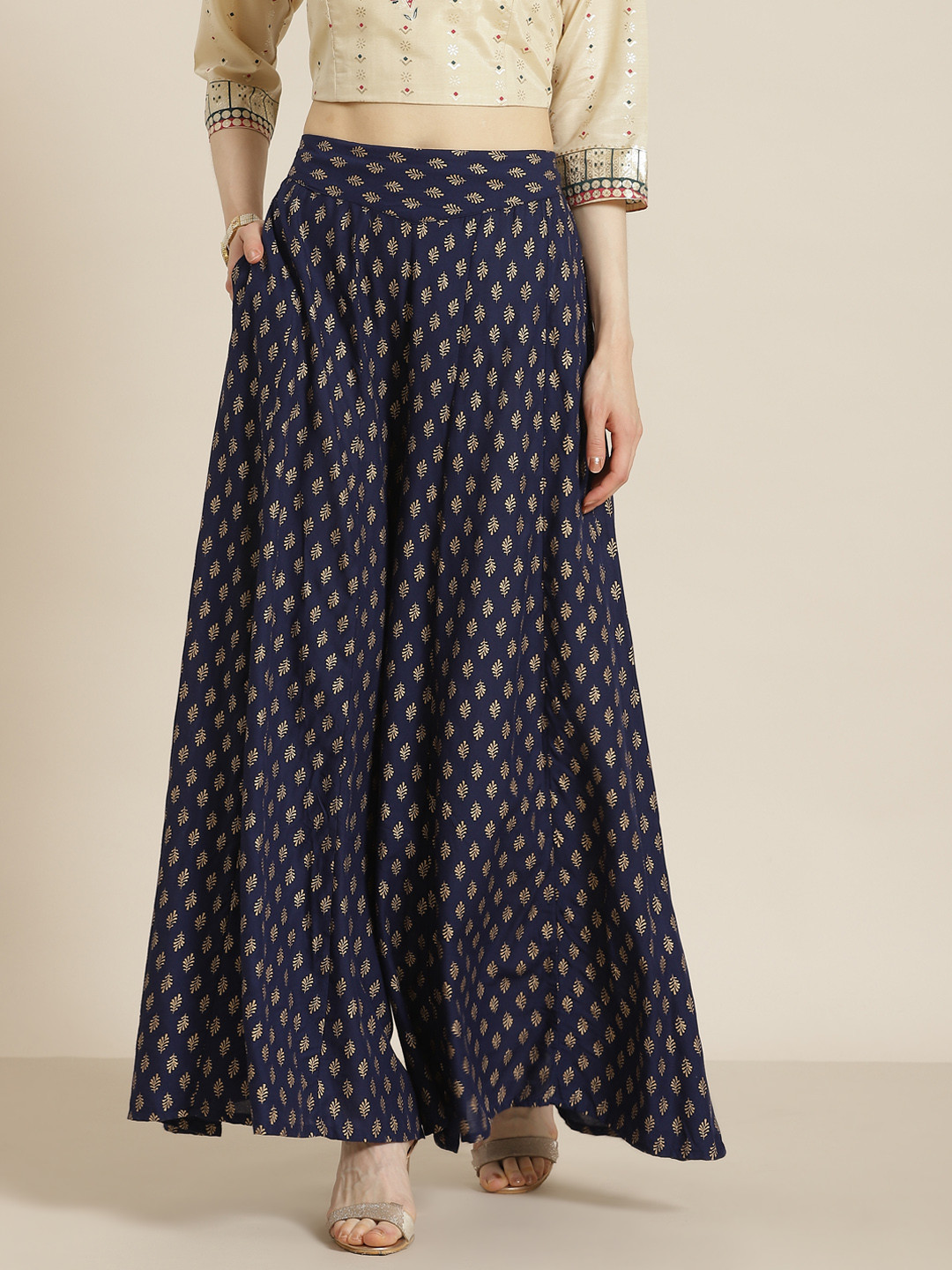 Juniper Women Navy Blue & Golden Ethnic Motifs Printed Flared Palazzos