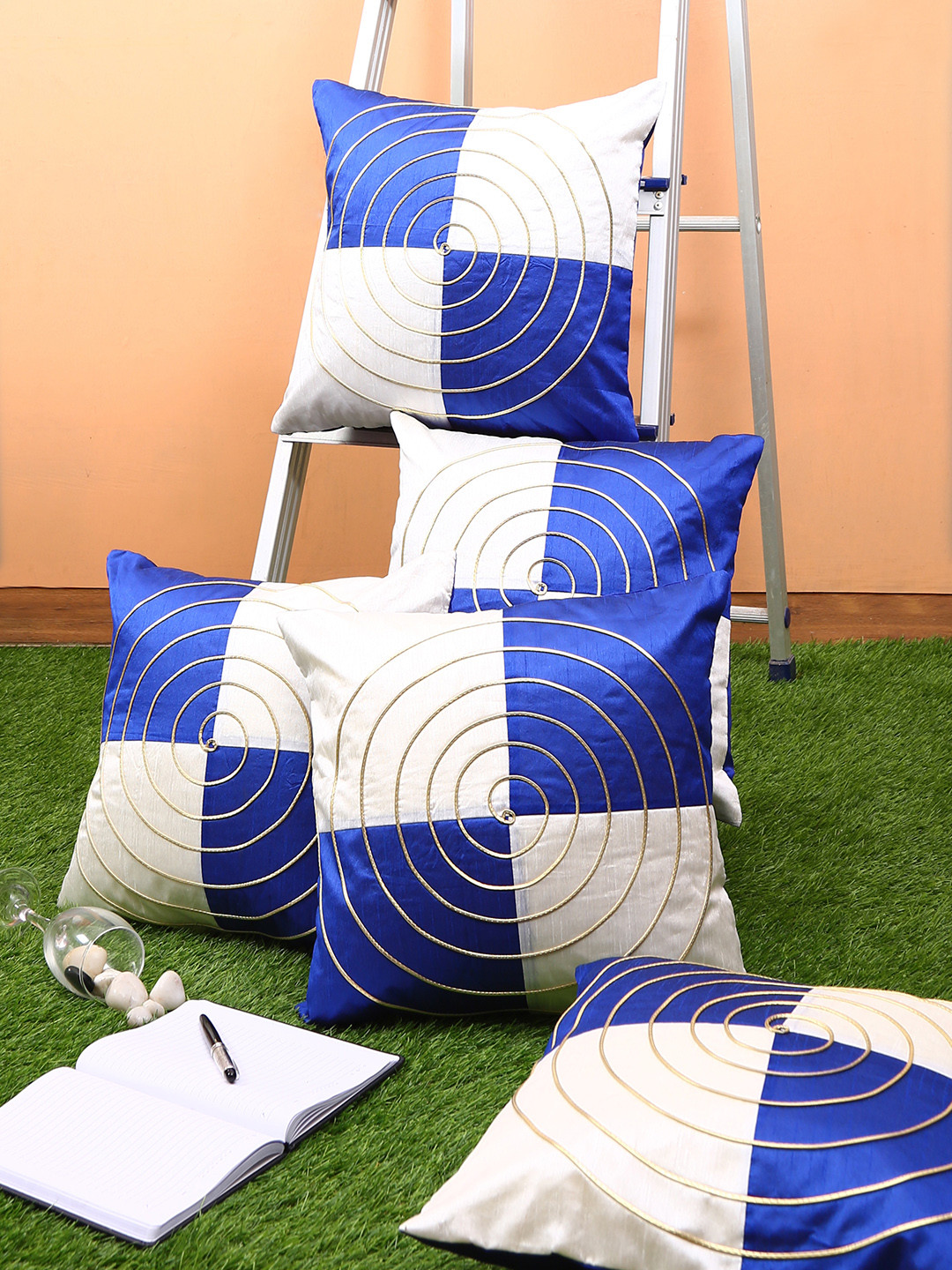 ROMEE Set Of 5 Blue & White Geometric Square Cushion Covers
